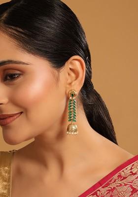 22K Gold Plated Faux Emerald Studded Contemporary Shaped Jhumkas