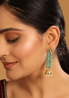 22K Gold Plated Pearl And Turquoise Stone Studded Contemporary Shaped Jhumkas
