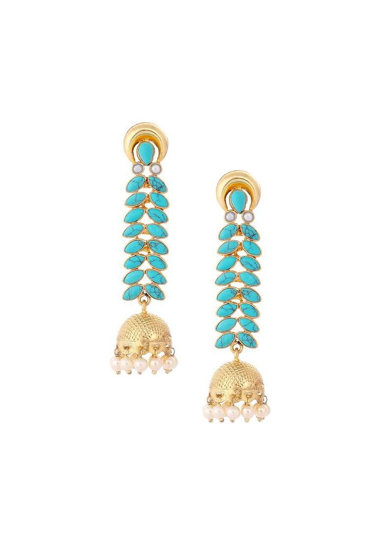 22K Gold Plated Pearl And Turquoise Stone Studded Contemporary Shaped Jhumkas