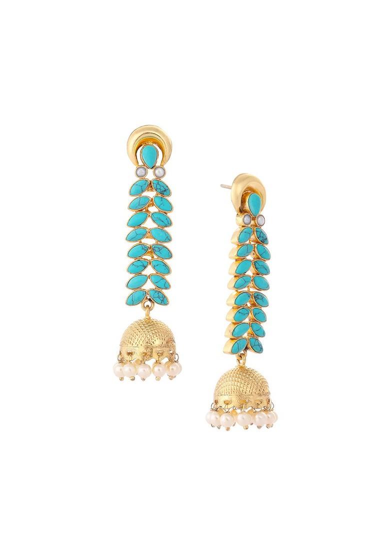 22K Gold Plated Pearl And Turquoise Stone Studded Contemporary Shaped Jhumkas