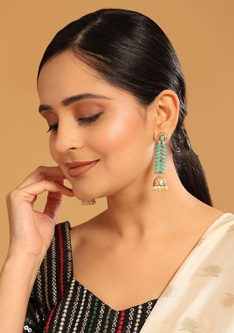 22K Gold Plated Pearl And Turquoise Stone Studded Contemporary Shaped Jhumkas