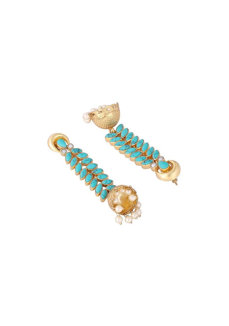 22K Gold Plated Pearl And Turquoise Stone Studded Contemporary Shaped Jhumkas