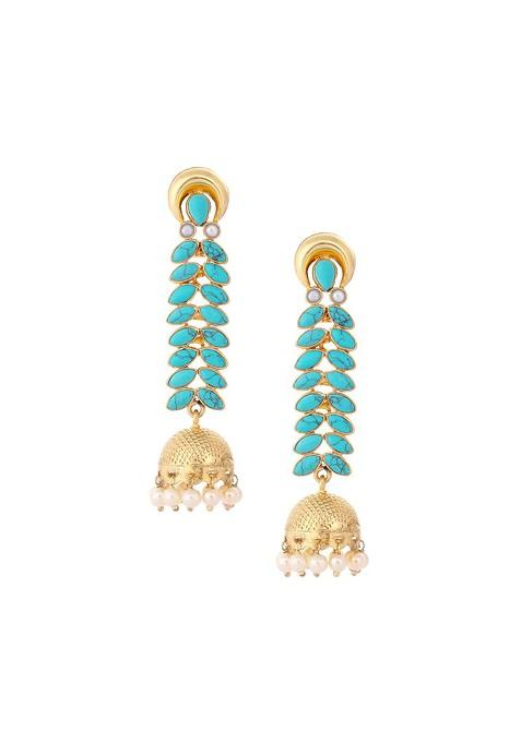 22K Gold Plated Pearl And Turquoise Stone Studded Contemporary Shaped Jhumkas