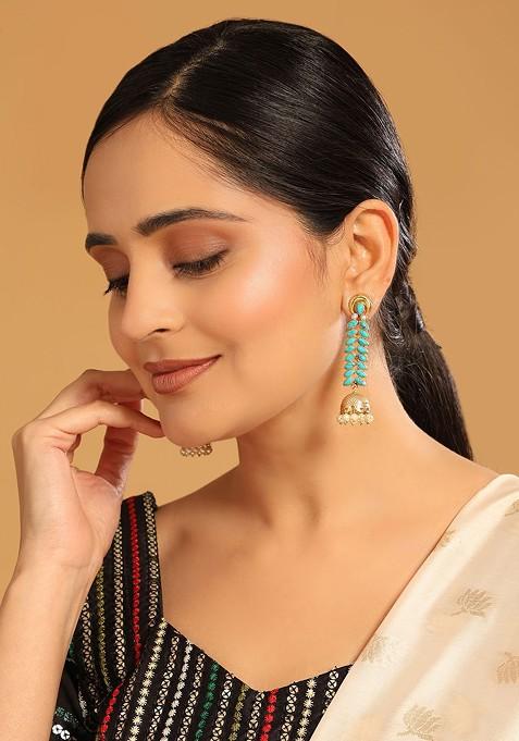22K Gold Plated Pearl And Turquoise Stone Studded Contemporary Shaped Jhumkas