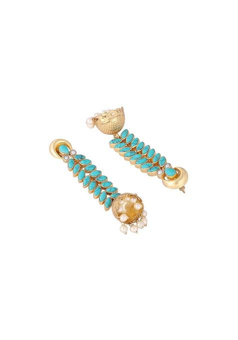 22K Gold Plated Pearl And Turquoise Stone Studded Contemporary Shaped Jhumkas
