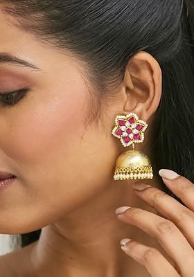 Elegant Gold Plated Kundan Stone Studded And Pearls Beaded Dome Shaped Jhumkas