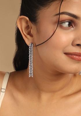 Rhodium Plated Zircon And Green Stone Studded Anti Tarnish Sleek Cocktail Earrings