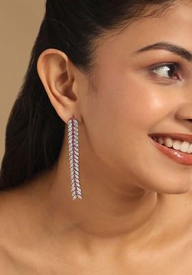 Rhodium Plated Cubic Zirconia Studded Sleek Petal Motif Drop Cocktail Earrings