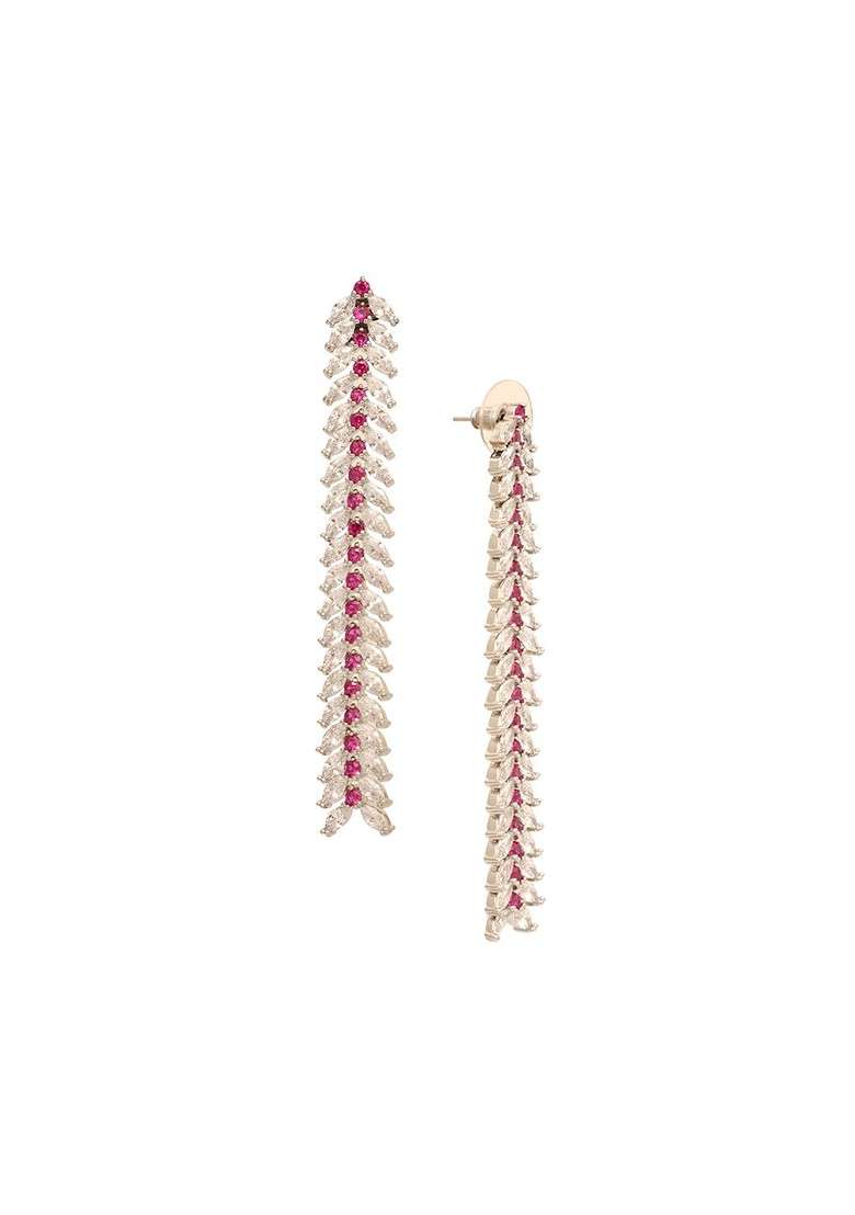 Rhodium Plated Cubic Zirconia Studded Sleek Petal Motif Drop Cocktail Earrings - Indya