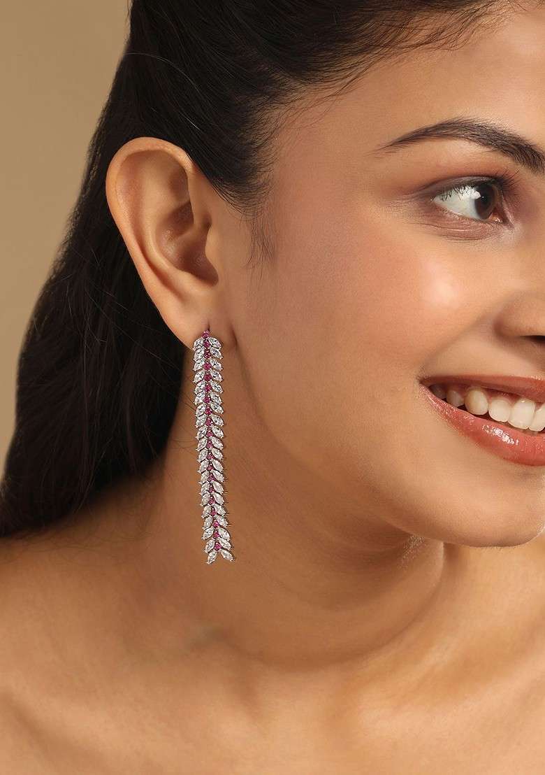 Rhodium Plated Cubic Zirconia Studded Sleek Petal Motif Drop Cocktail Earrings - Indya