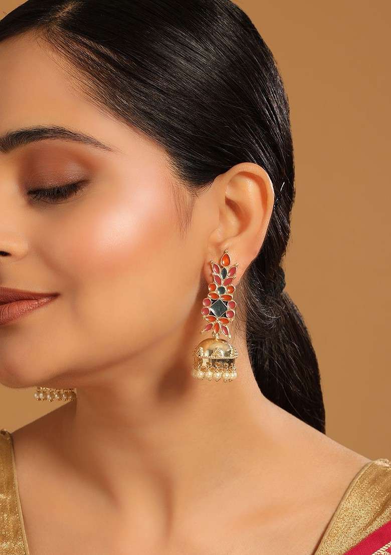 22K Gold Plated Enamel And Beaded Dome Shaped Jhumka Earrings - Indya