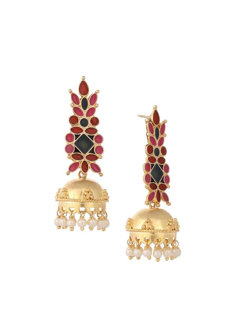 22K Gold Plated Enamel And Beaded Dome Shaped Jhumka Earrings - Indya