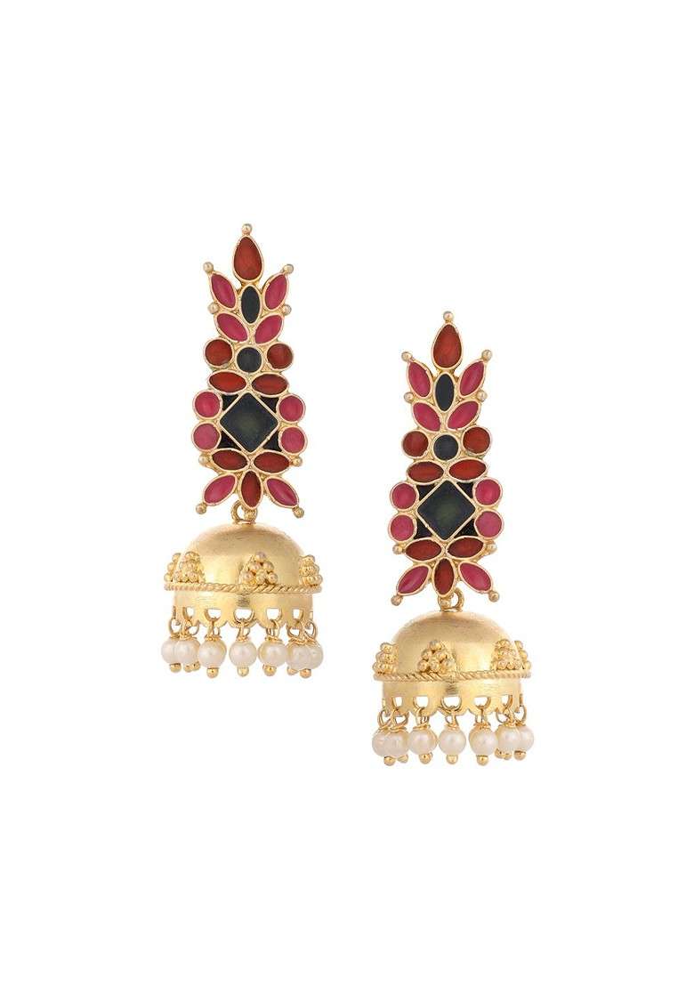 22K Gold Plated Enamel And Beaded Dome Shaped Jhumka Earrings - Indya