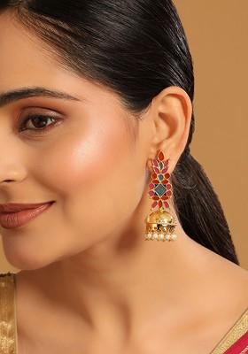 22K Gold Plated Enamel And Beaded Dome Shaped Jhumka Earrings