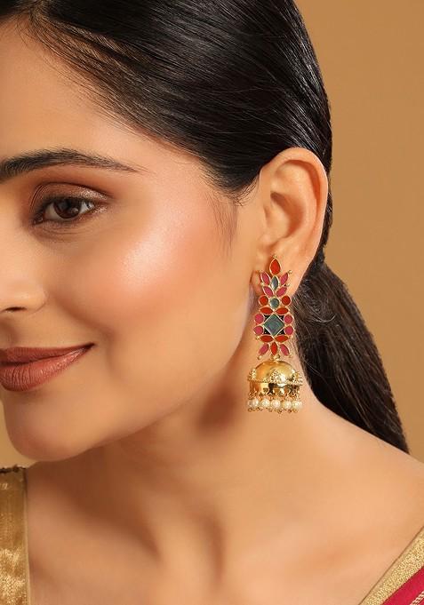 22K Gold Plated Enamel And Beaded Dome Shaped Jhumka Earrings