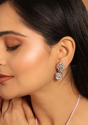 Rhodium Plated Silver Rhinestone Studded Floral Shaped Stone Drop Minimal Studs