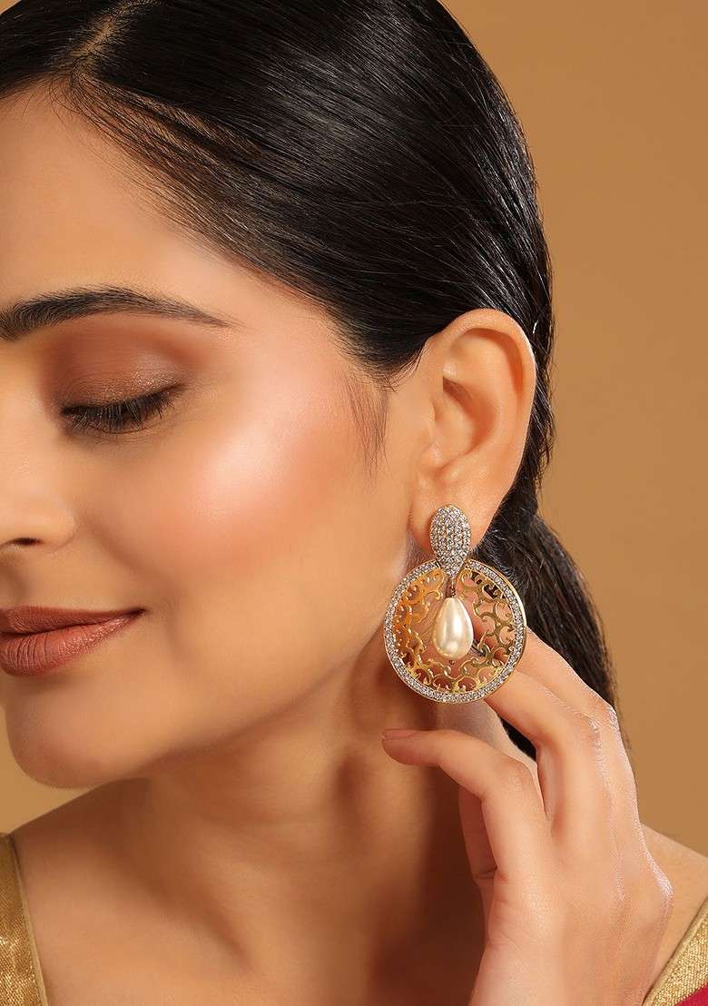 22K Gold Plated Cubic Zircon Studded Contemporary Moon Shaped Pearl Drop Chandbalis - Indya