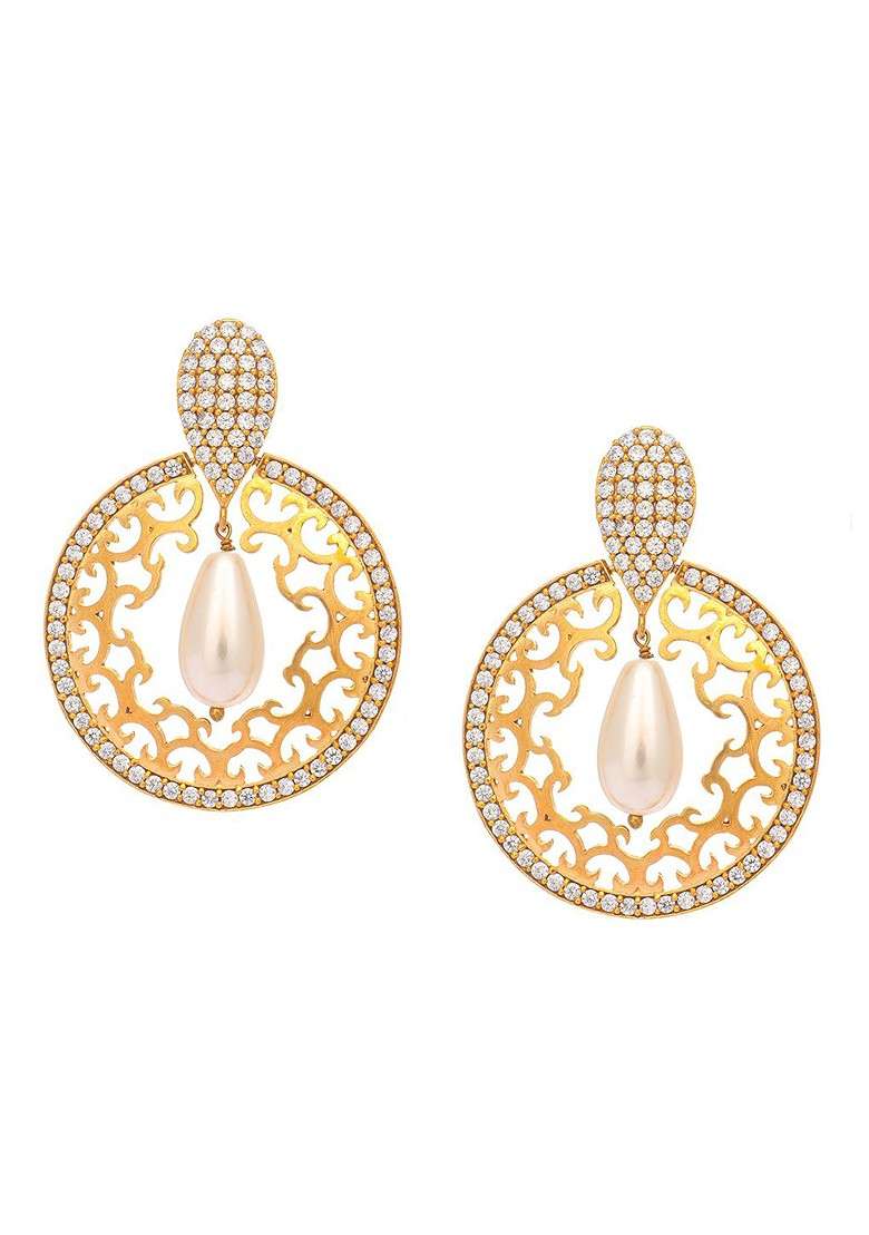 22K Gold Plated Cubic Zircon Studded Contemporary Moon Shaped Pearl Drop Chandbalis - Indya