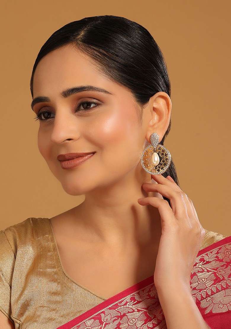 22K Gold Plated Cubic Zircon Studded Contemporary Moon Shaped Pearl Drop Chandbalis - Indya