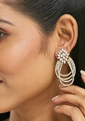 22K Gold Plated Floral Motif Zircon Studded Teardrop Shape Elegant Dangler Earrings