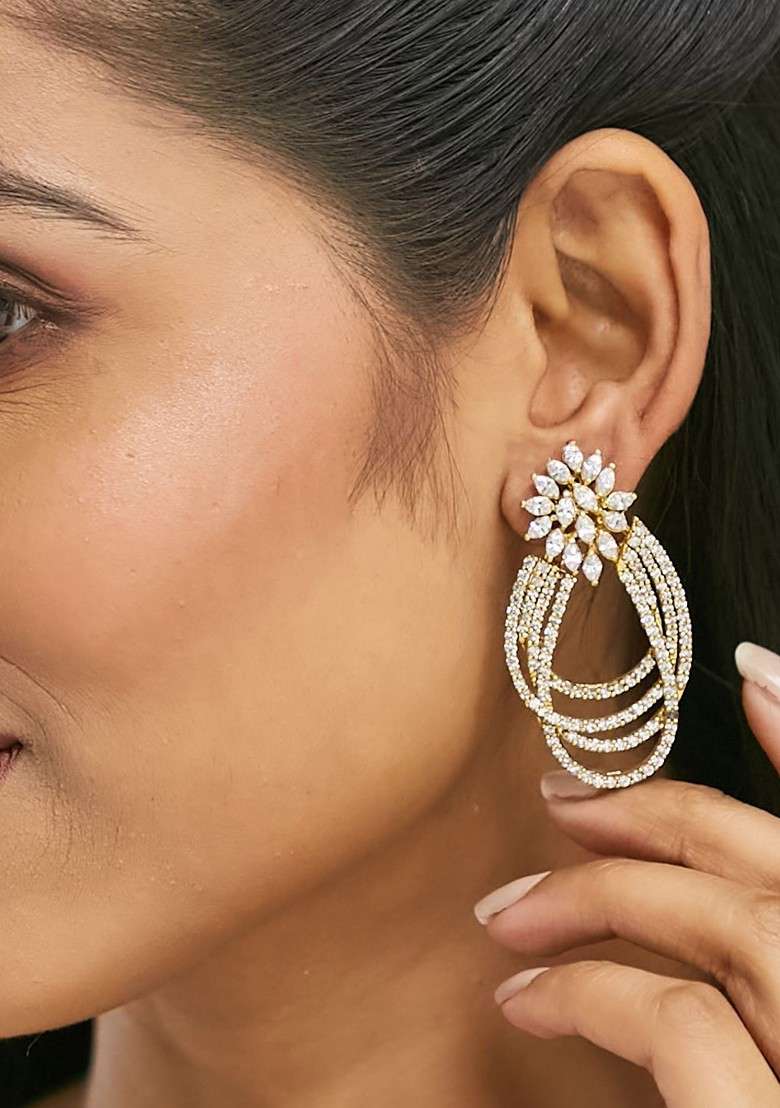 22K Gold Plated Floral Motif Zircon Studded Teardrop Shape Elegant Dangler Earrings - Indya