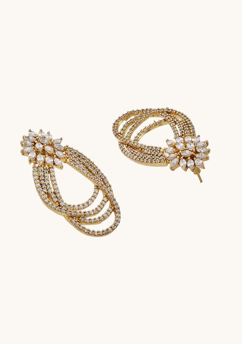 22K Gold Plated Floral Motif Zircon Studded Teardrop Shape Elegant Dangler Earrings - Indya