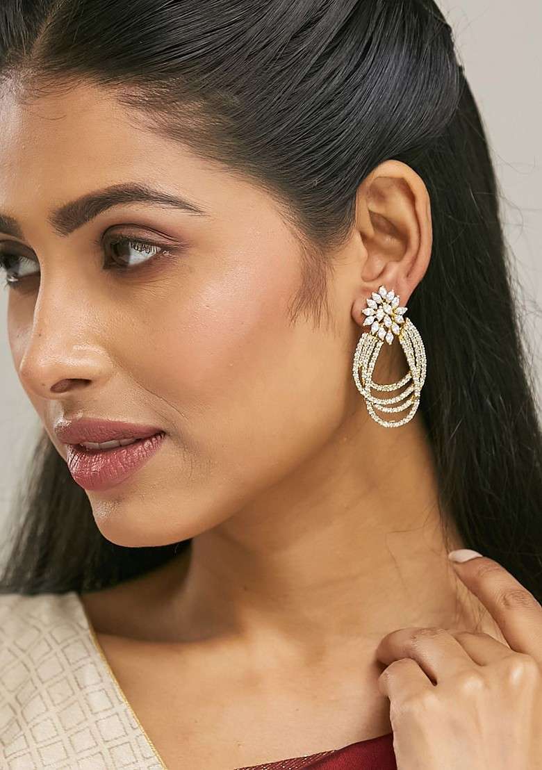 22K Gold Plated Floral Motif Zircon Studded Teardrop Shape Elegant Dangler Earrings - Indya
