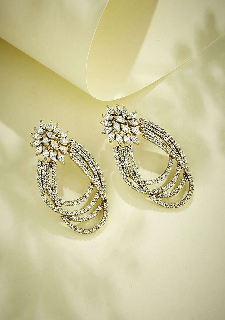 22K Gold Plated Floral Motif Zircon Studded Teardrop Shape Elegant Dangler Earrings - Indya