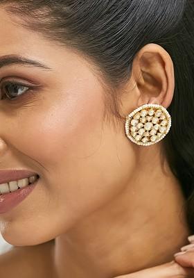 22K Gold Plated Elegant Kundan Stone Studded And Pearl Beaded Disc Studs