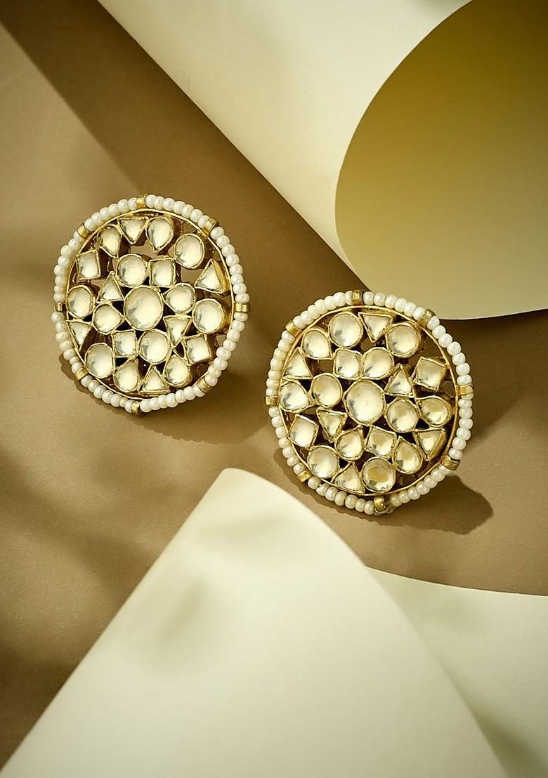 22K Gold Plated Elegant Kundan Stone Studded And Pearl Beaded Disc Studs - Indya
