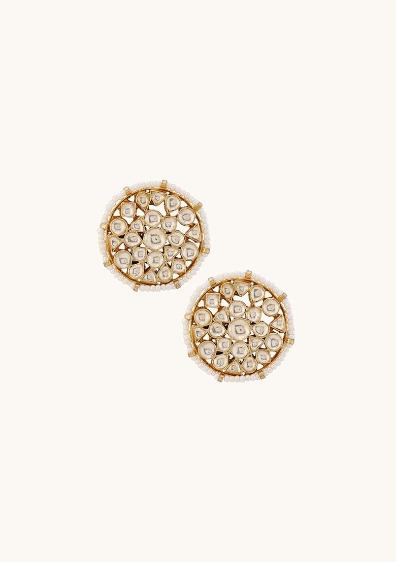 22K Gold Plated Elegant Kundan Stone Studded And Pearl Beaded Disc Studs - Indya