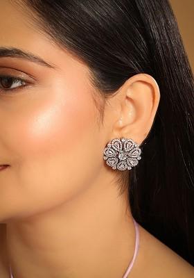 Rhodium Plated Cubic Zirconia Studded Floral Motif Round Shaped Statement Studs