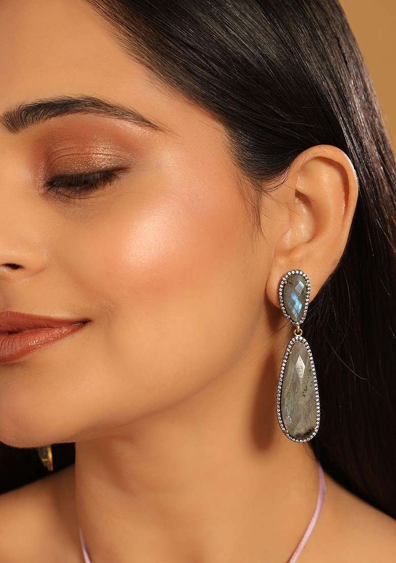 22K Gold Plated Labradorite Stone Contemporary Drop Earrings - Indya