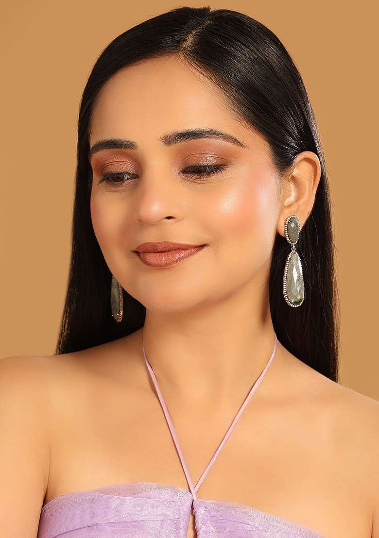 22K Gold Plated Labradorite Stone Contemporary Drop Earrings - Indya