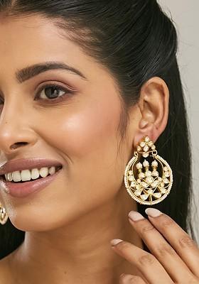 22K Gold Plated Elegant Kundan Stone Studded And Pearl Beaded Chandbalis