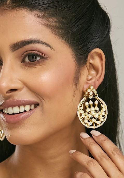 22K Gold Plated Elegant Kundan Stone Studded And Pearl Beaded Chandbalis