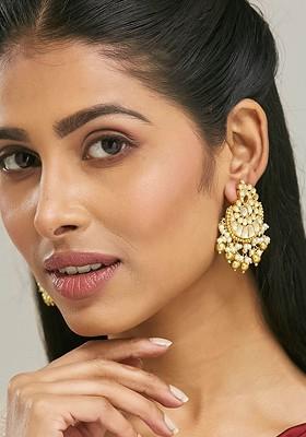 22K Gold Plated Kundan Stone Studded And Pearl Drop Beaded Crescent Shaped Chandbalis