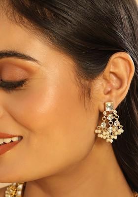 22K Gold Plated Kundan Studded Contemporary Drop Earrings
