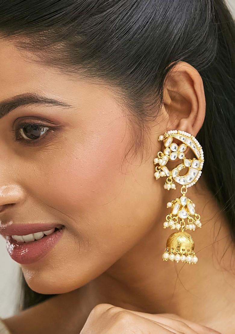 22K Gold Plated Elegant Kundan Studded And Pearl Drops Mini Jhumki Dangler Earrings - Indya