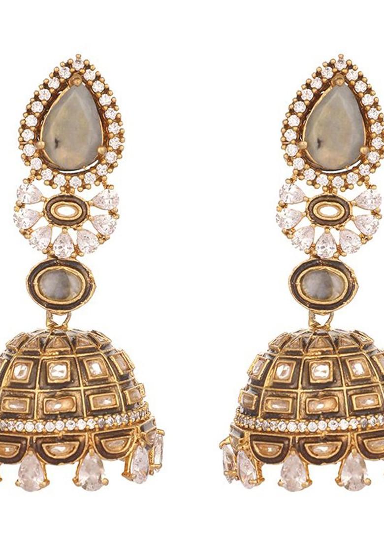 22K Gold Plated Cubic Zirconia Studded Dome Shaped Jhumkas - Indya