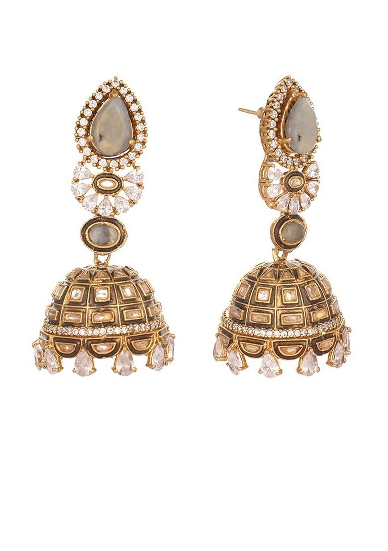 22K Gold Plated Cubic Zirconia Studded Dome Shaped Jhumkas - Indya