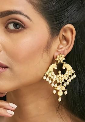 22K Gold Plated Kundan And Pearl Floral Stud Design Intricate Crescent Chandbalis