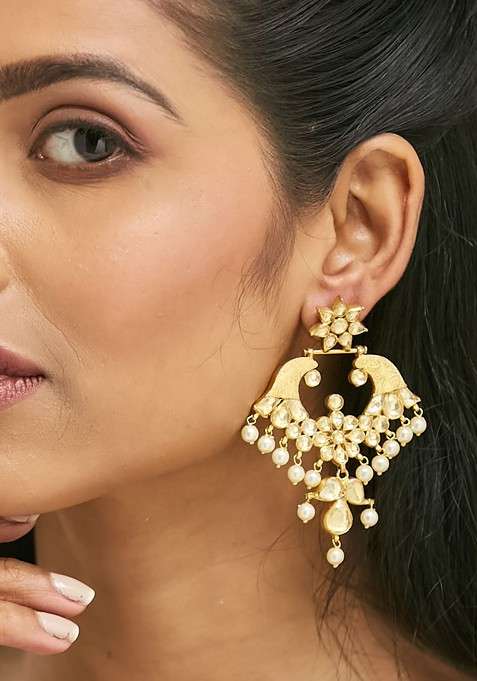 22K Gold Plated Kundan And Pearl Floral Stud Design Intricate Crescent Chandbalis