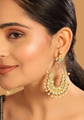22K Gold Plated Kundan Studded Contemporary Shaped Drop Earrings
