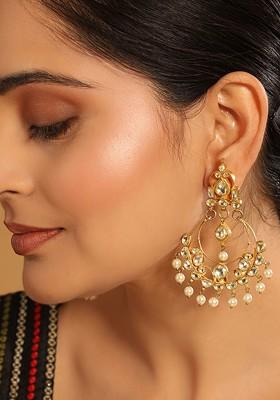 22K Gold Plated Kundan Studded Contemporary Shaped Pearl Drop Chandbalis
