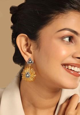 18K Gold Plated Stones And American Diamond Studded Contemporary Wire Drop Earrings