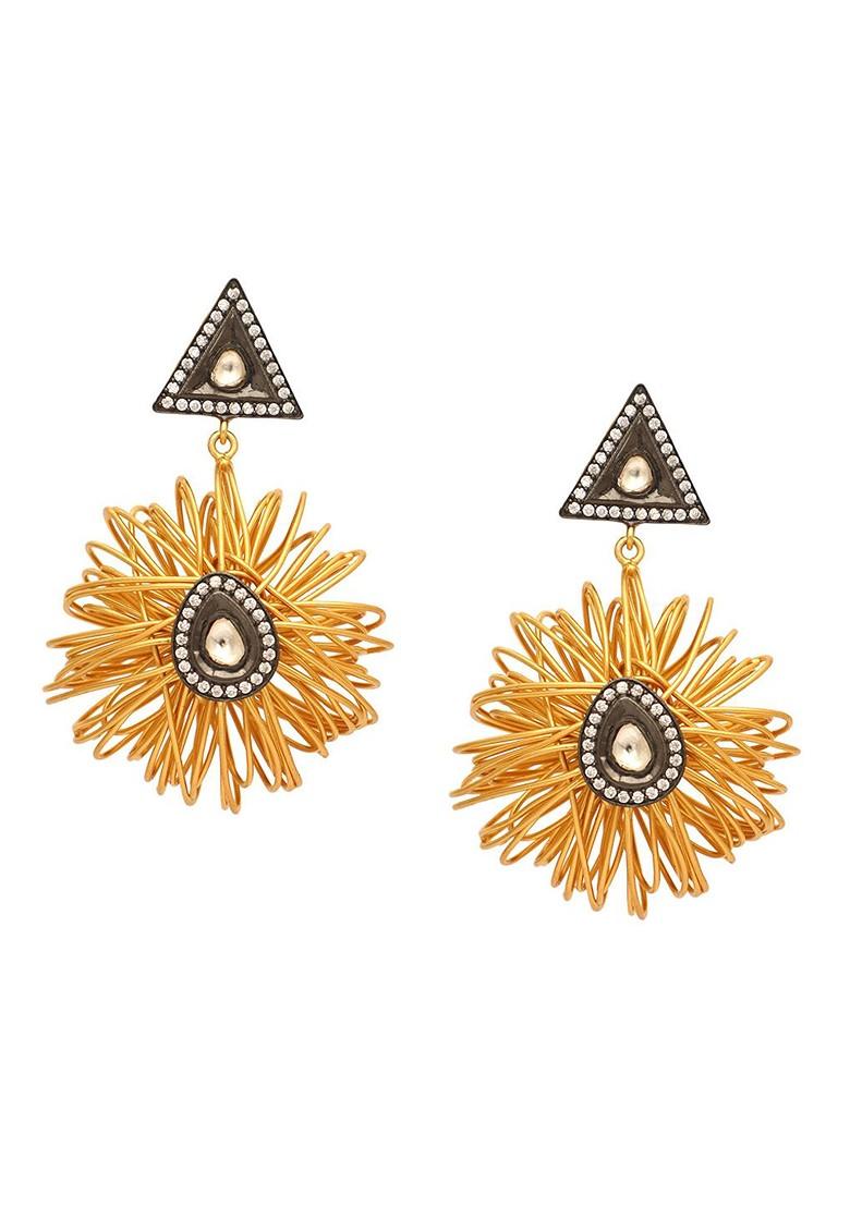 18K Gold Plated Stones And American Diamond Studded Contemporary Wire Drop Earrings - Indya