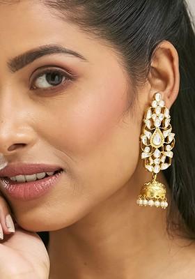 22K Gold Plated Regal Kundan Stone Studded And Pearl Drop Jhumkas