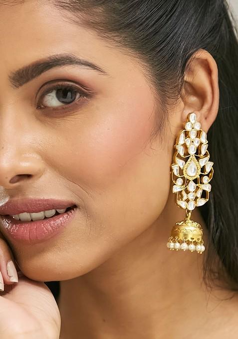22K Gold Plated Regal Kundan Stone Studded And Pearl Drop Jhumkas