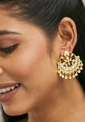 22K Gold Plated Kundan Stone Studded And Pearl Beaded Moon Chandbalis